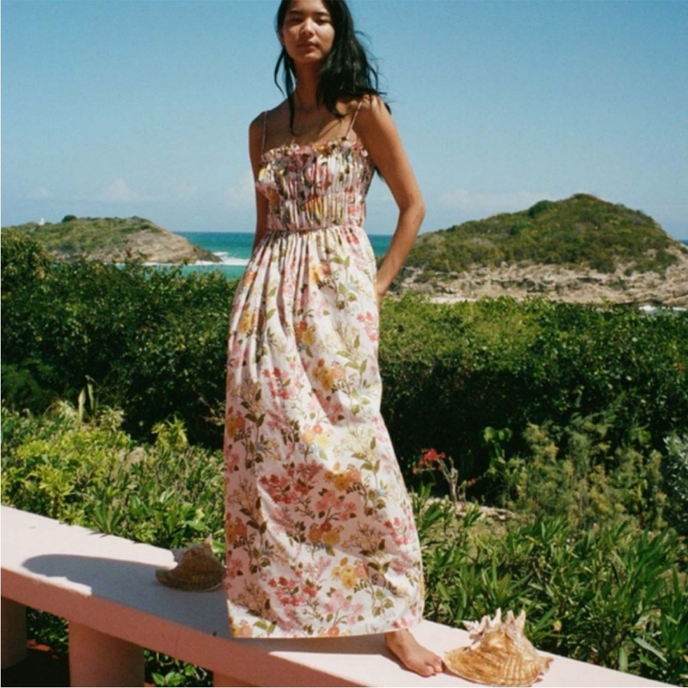COCO SHOP Multi Floral Shirred Pocket Spaghetti Strap Maxi Dress Sz S - Picture 2 of 13